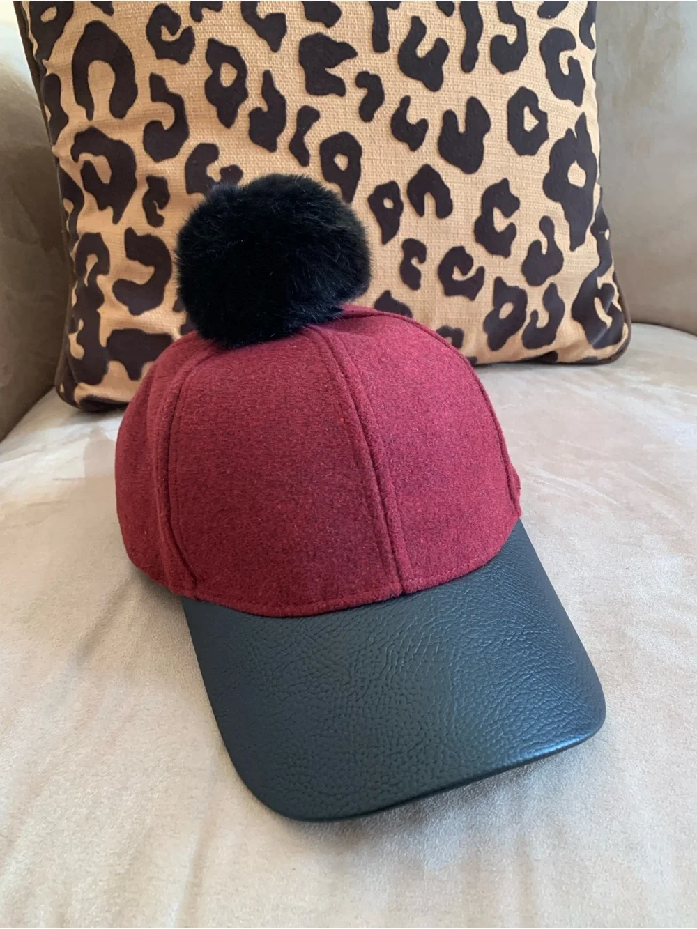 Women’s Burgundy Pom-Pom Hat with Black Visor NWOT!